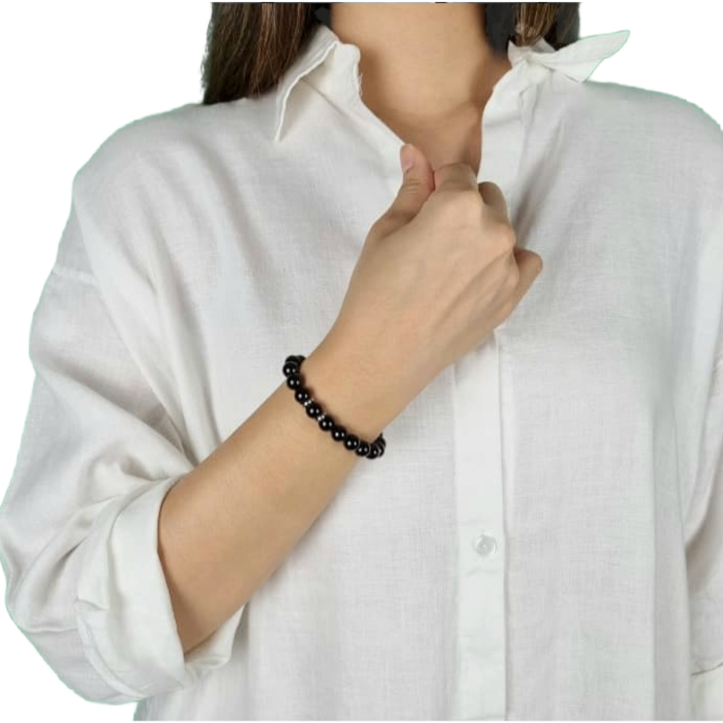 Black Onyx Bracelet Small Bead with Stainless Steel Spacer