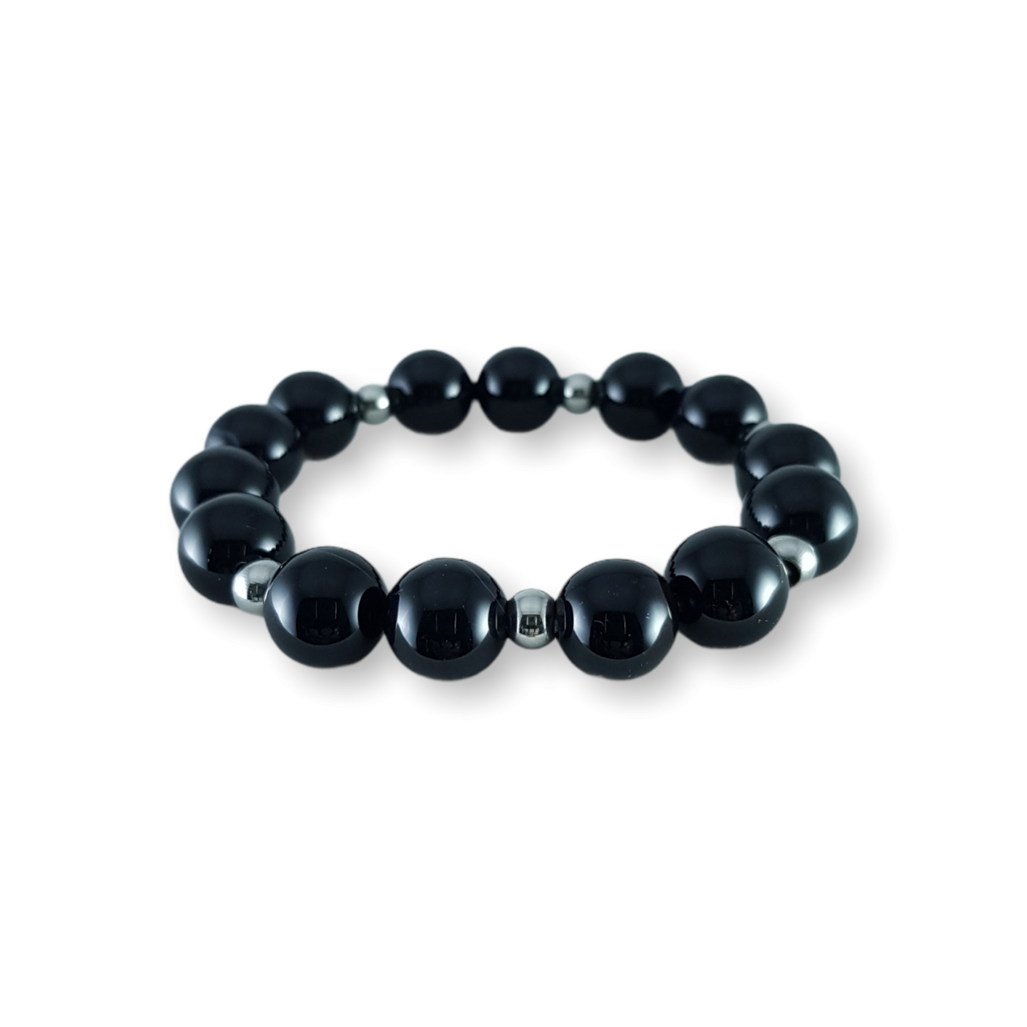 Black Onyx Bracelet Mid-sized Bead with Stainless Steel Spacer