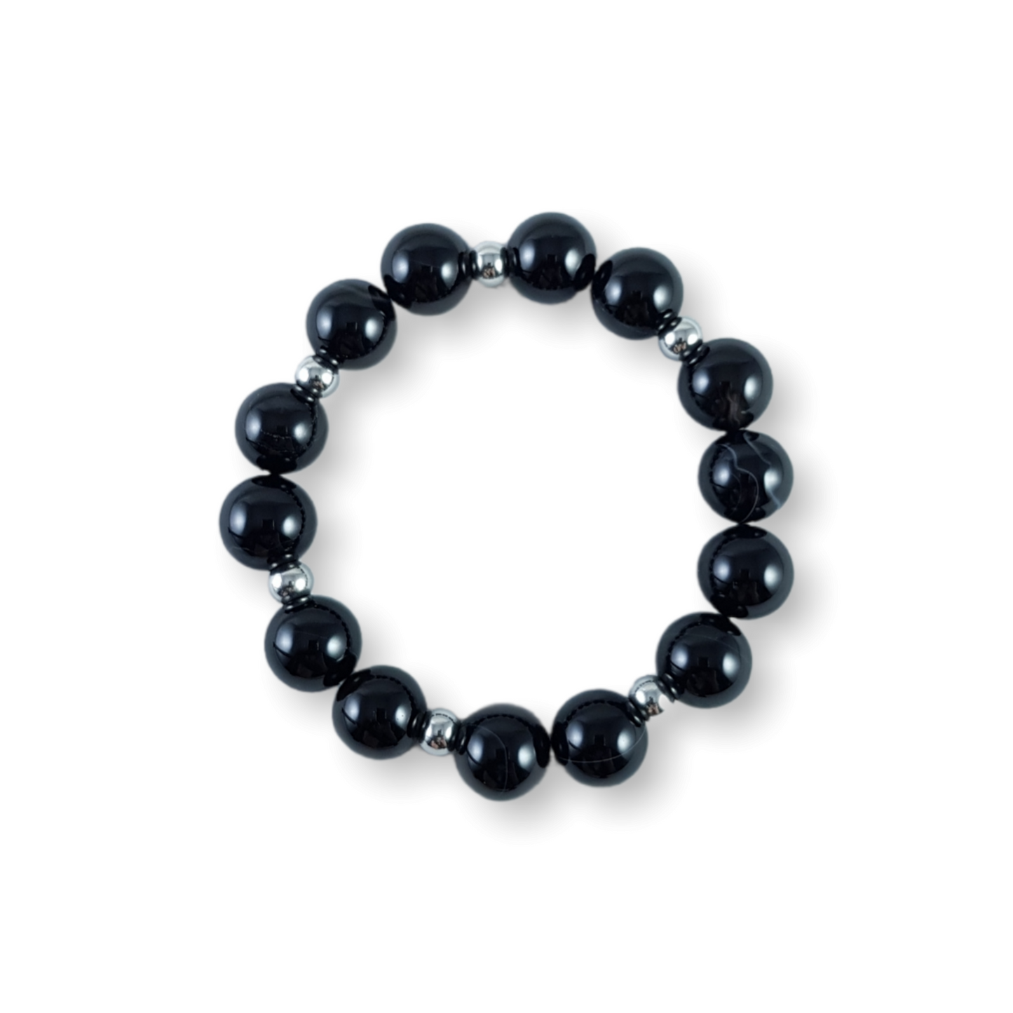 Black Onyx Bracelet Mid-sized Bead with Stainless Steel Spacer